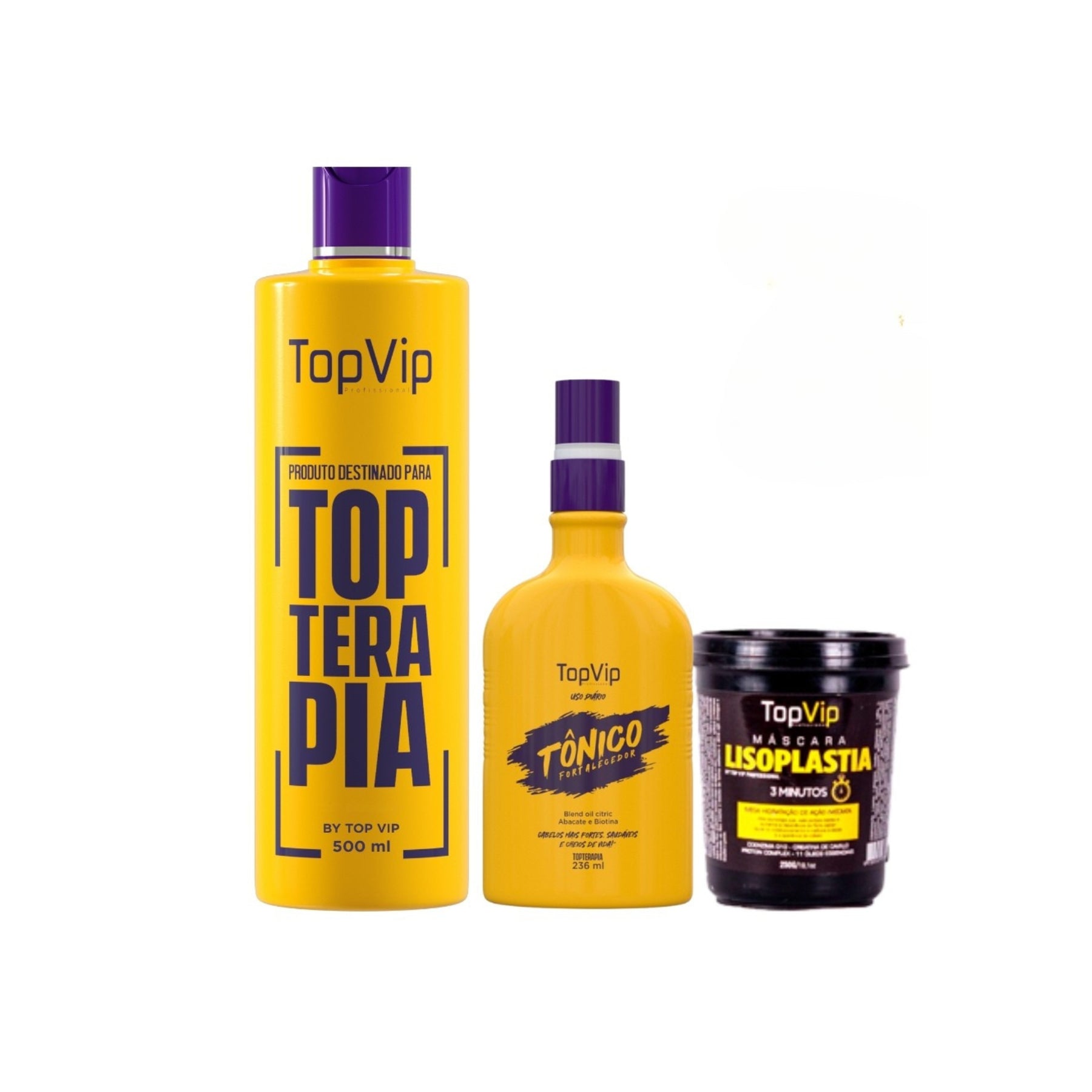 Combo Transformação TopVip com Progressiva Sem Formol 500ml, Tônico Fortalecedor 236ml e Máscara 3 Minutos 250g